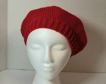 Woman's Hand Knitted Tam Hat in Red