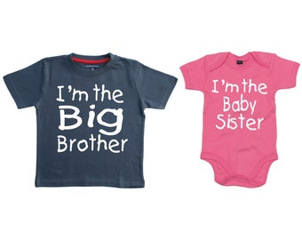 Matching I'm the Big Brother Navy tshirt and I'm the baby sister Bubblegum Pink bodysuit set