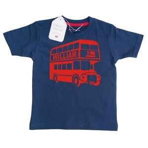 Personalised London Bus with Name and Number Children&#39;s Navy T shirt