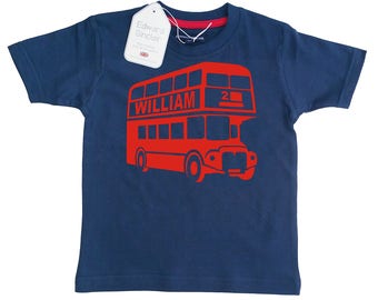 Personalised London Bus with Name and Number Children's Navy T shirt
