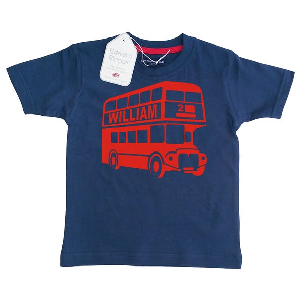 Bus londonien personnalisé avec nom et numéro T-shirt de la marine pour enfants