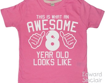 This is what an awesome 8 year old looks like. Girls 8th Birthday T-shirt with White Glitter Print