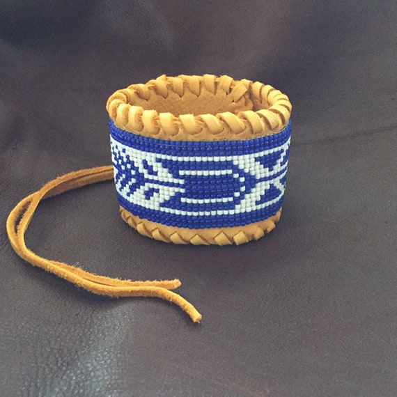 Handmade Beaded Cuff Bracelet - Native American Style, Black & White Seed Beads On Leather, Unisex Design
