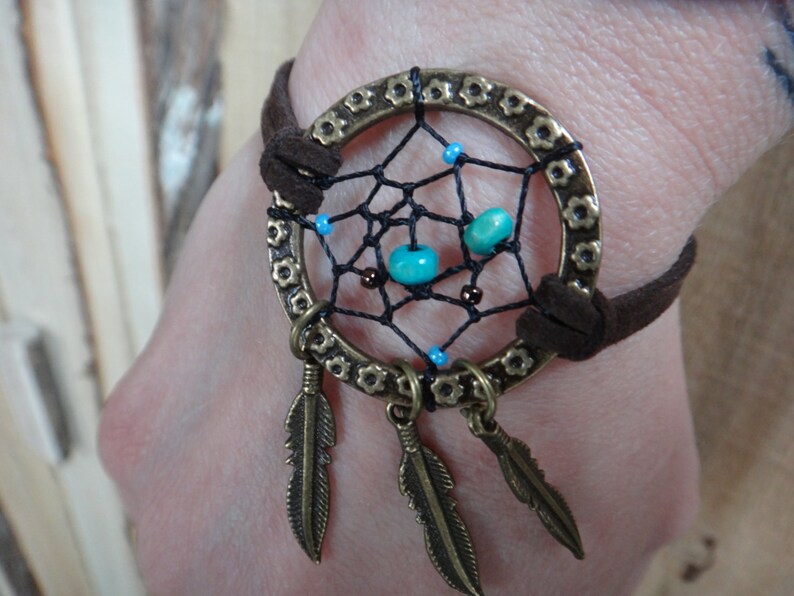 Dreamcatcher bracelet. Dream Catcher. Suede, Turquoise beads, Brass feather, Native american Anklet Gypsy, Bohemian. Dream Catcher. Bracelet image 3