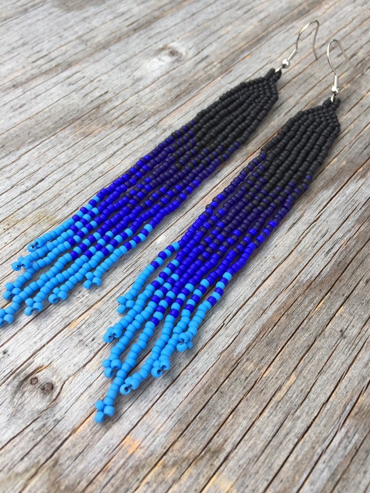 Native American Beaded Earrings. Long Black and Blue Earrings