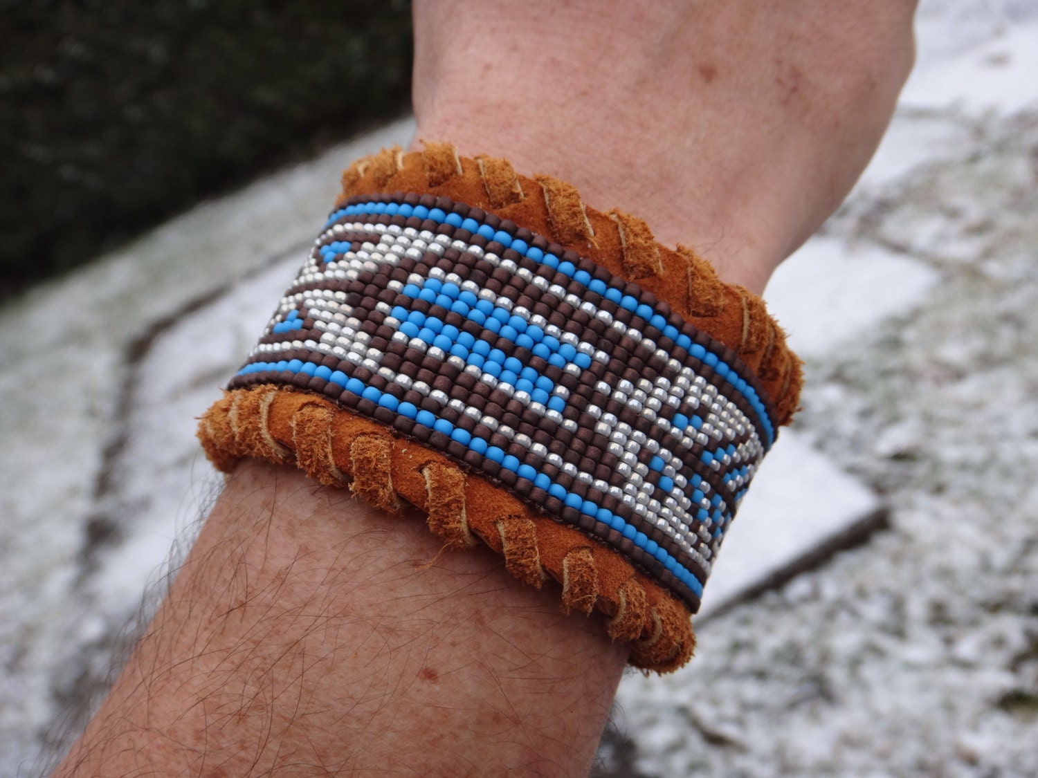 Native American Men Cuff Beaded Bracelet. American Indian. Deertan