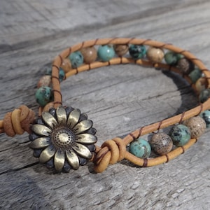 Leather Wrap Bracelet with Turquoise Jasper daisy button. Simple wrap beaded leather. Gemstone leather wrap bracelet African turquoise