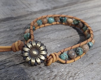 Leather Wrap Bracelet with Turquoise Jasper daisy button. Simple wrap beaded leather. Gemstone leather wrap bracelet African turquoise