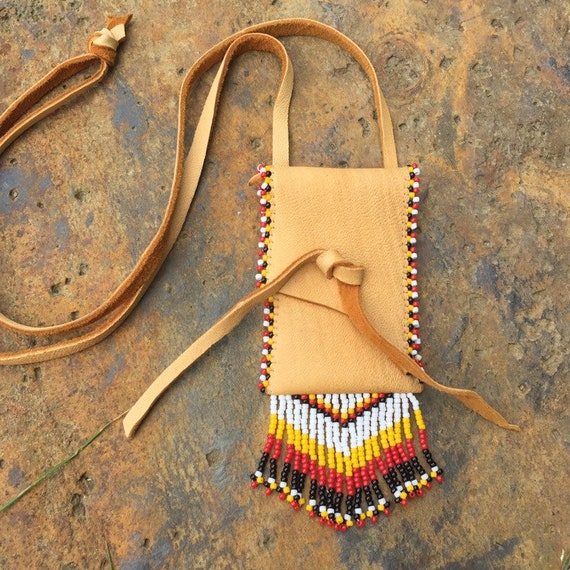 Medicine Beaded Pouch. Native American Fringed Deerskin Leather
