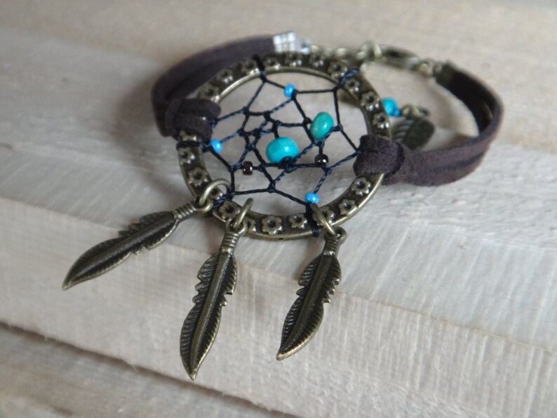 Dreamcatcher bracelet. Dream Catcher. Suede, Turquoise beads, Brass feather, Native american Anklet Gypsy, Bohemian. Dream Catcher. Bracelet image 2