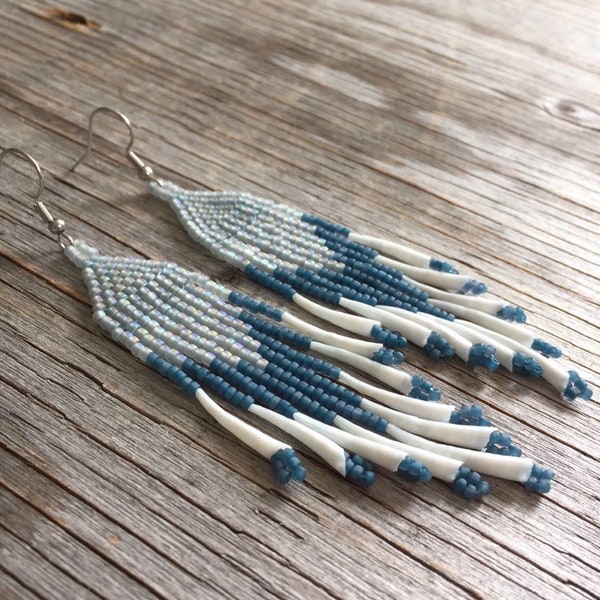 Native American beaded dentallium earrings. Native American Indian beaded earrings. Native jewelry. Dentalium shell earrings