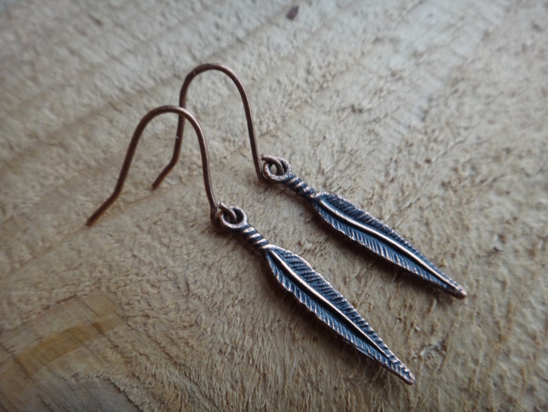 Copper feather earrings . Simple earrings every day. Etsy