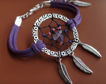 Bracelet capteur de rêve Suède mauve Améthyste Gypsie Bohémien. Dreamcatcher. Bracelet de cheville Amérindien Capteur de rêves mauve et rose