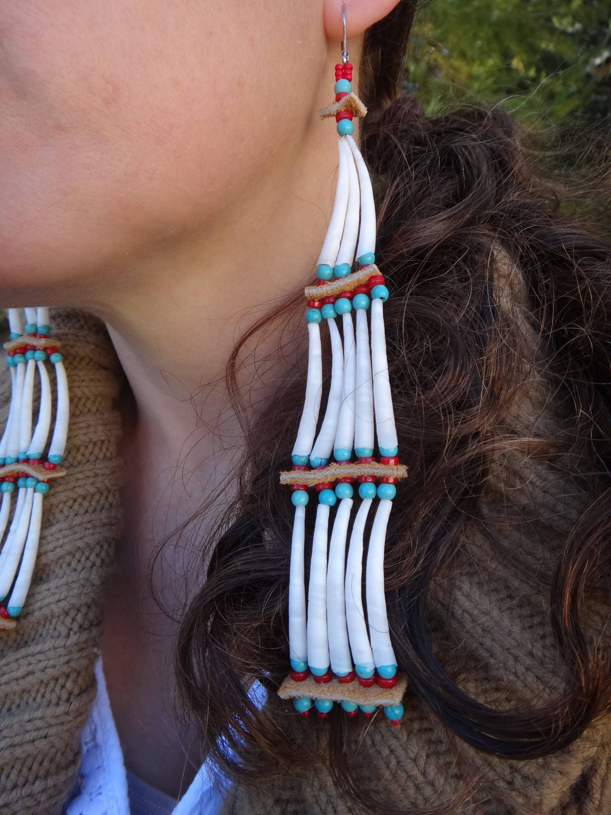 Lakota made Valentine's Dentalium shell and beaded earrings.