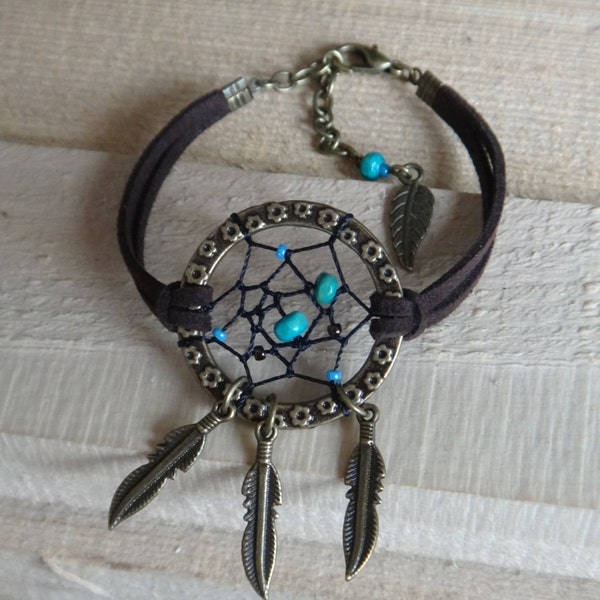 Bracelet capteur de rêve. Suède, Bronze, Turquoise Gypsie, Bohémien. Dreamcatcher. Plumes. Bracelet de cheville Amérindien. Capteur de rêves