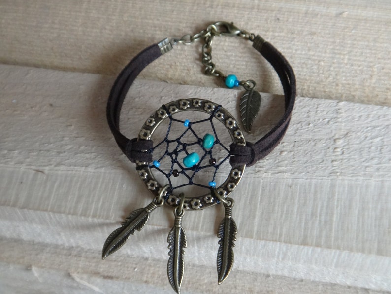 Dreamcatcher bracelet. Dream Catcher. Suede, Turquoise beads, Brass feather, Native american Anklet Gypsy, Bohemian. Dream Catcher. Bracelet image 1