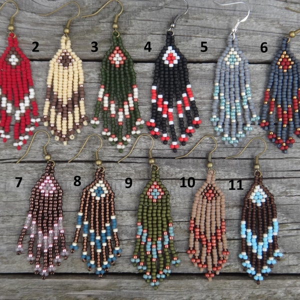 Native American beaded earrings. Arrow motif, Tribal. Earrings chevron. Beaded fringes of seed beads. Native American Indian. Native jewelry