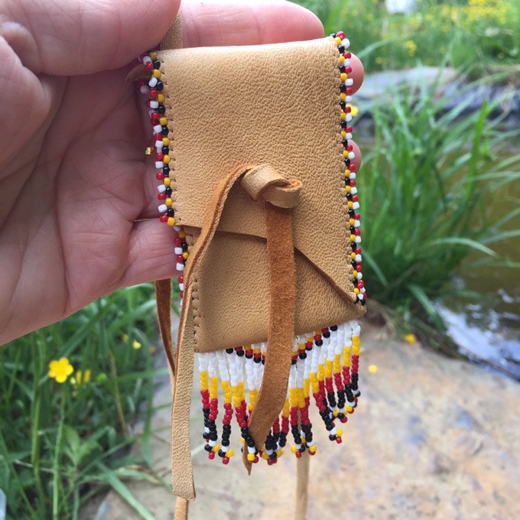 Medicine Beaded Pouch. Native American Fringed Deerskin Leather