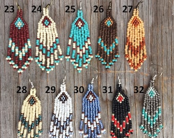 Native American beaded earrings. Arrow motif, Tribal. Earrings chevron. Beaded fringes of seed beads. Native American Indian. Native jewelry