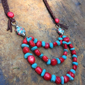 Turquoise and coral three-row necklace. Tribal Necklace. American Indian. Primitive. Rustic jewelry. Brown deer leather