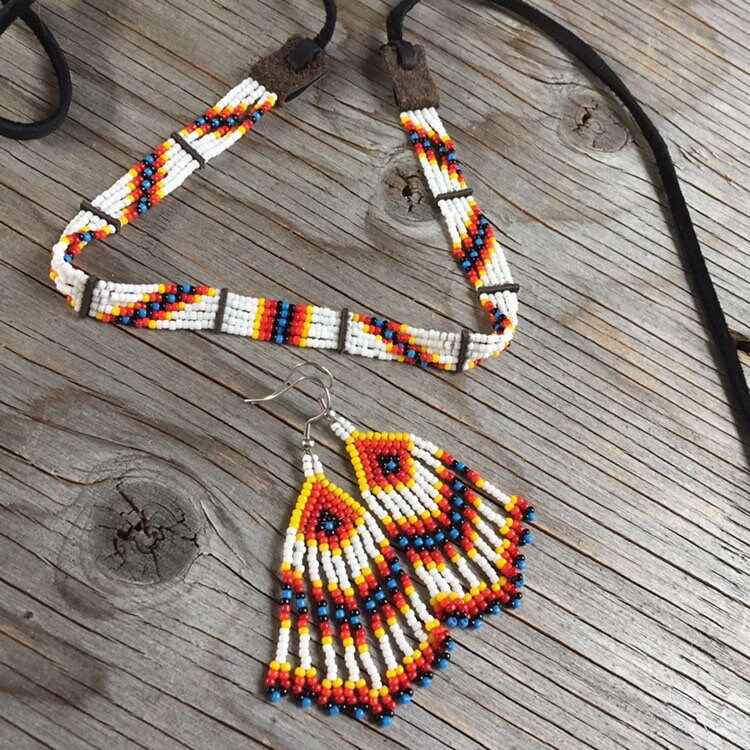 BEADS CORNER Native Style Handmade Ethnic Multi-Color Beaded Choker Necklace & Earrings Set – Brass, Glass, 16 Inches