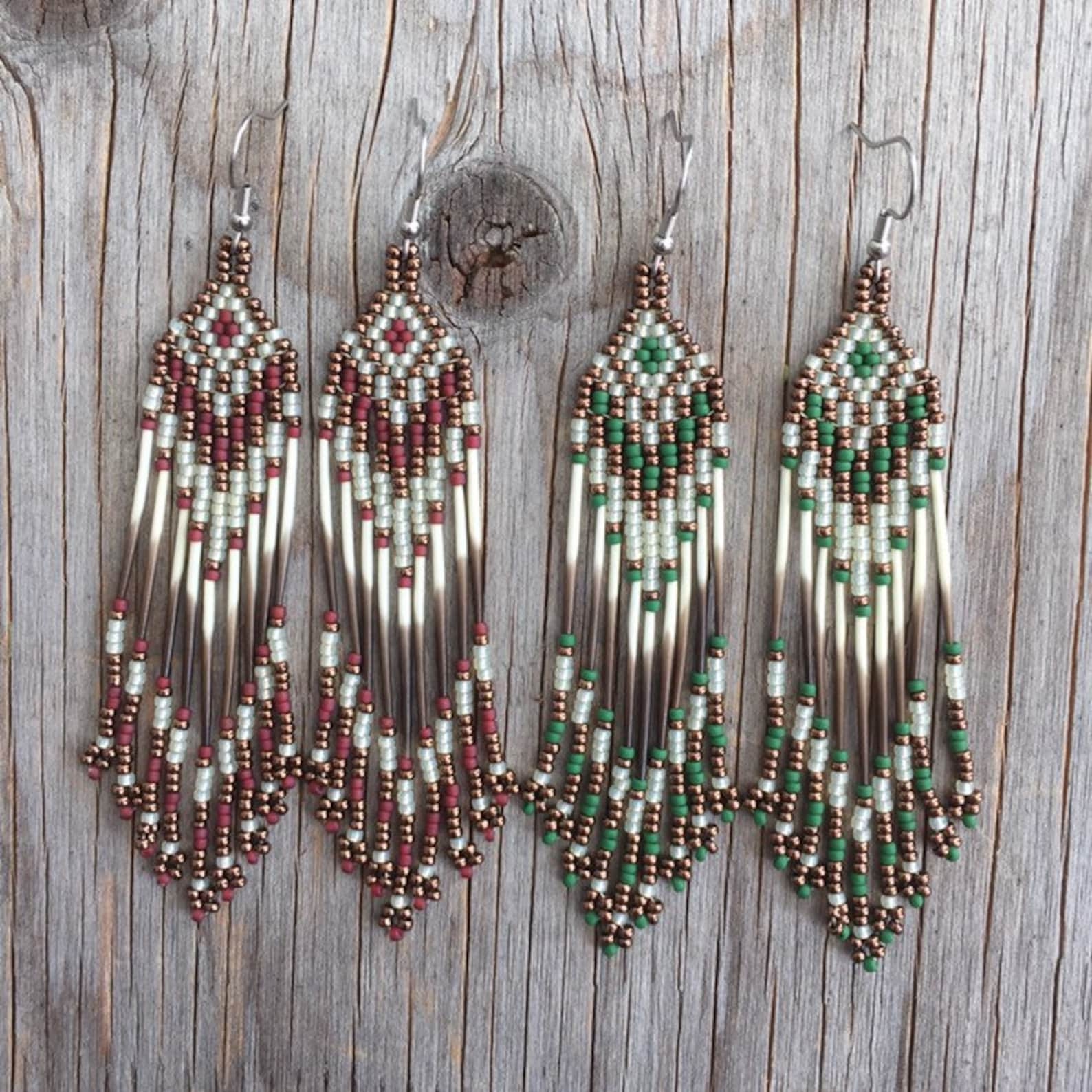 Porcupine Quills Earrings. Beaded With Fringes. Native Etsy