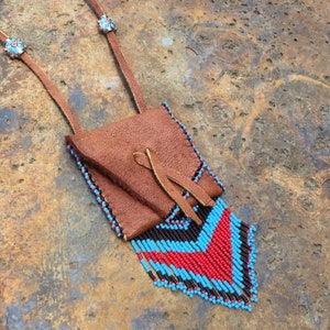 Medicine Beaded Pouch. Native American Fringed Moose Leather Pouch