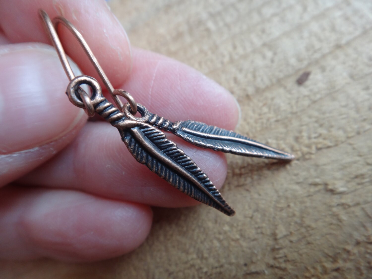 Copper feather earrings . Simple earrings every day. Etsy