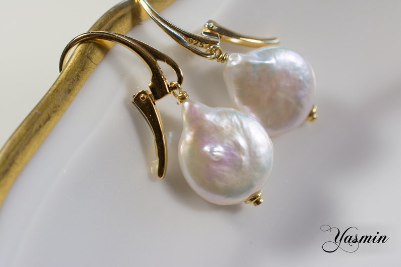 Baroque coin beaded earrings on Gilded Sterling