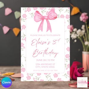 Floral Coquette Birthday Invitation Digital Template | Editable Girl Cute Feminine Invite Flowers Bow Party Printable Instant Download 5x7