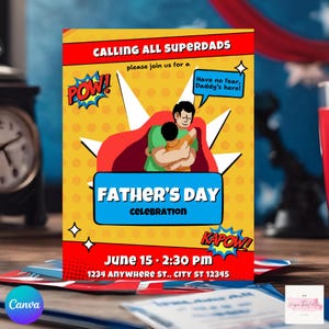 Calling All Superdads Vatertag Einladung Vorlage | Superheld Comic-Buch Bold Style Spaß Dad Vater Thema Bearbeitbar Digital Laden 5x7