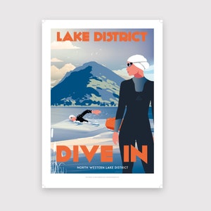 Swimming art prints, Swimming poster, Wild swimming, Swimming gift, Outdoor swimming, Swim, Lake District, Lake District poster, retro print