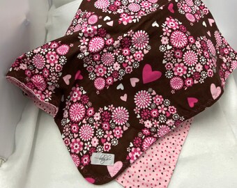 Brown and Pink Hearts and Flowers Flannel Receiving Blanket with Hearts Back