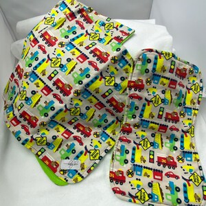 Receiving Blanket and Burp Pad Set - Cars and Trucks in Flannel with Green Back