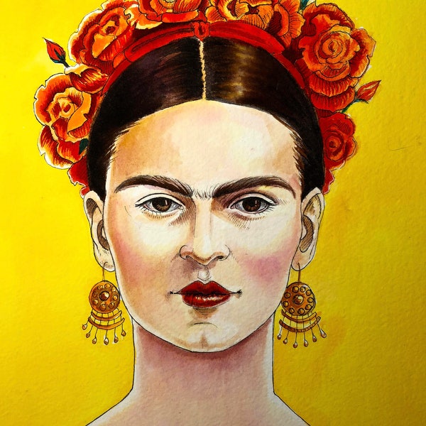 RESERVED to Bryan Leibbrandt - Original Watercolor Painting Frida Kahlo with Roses Tiara