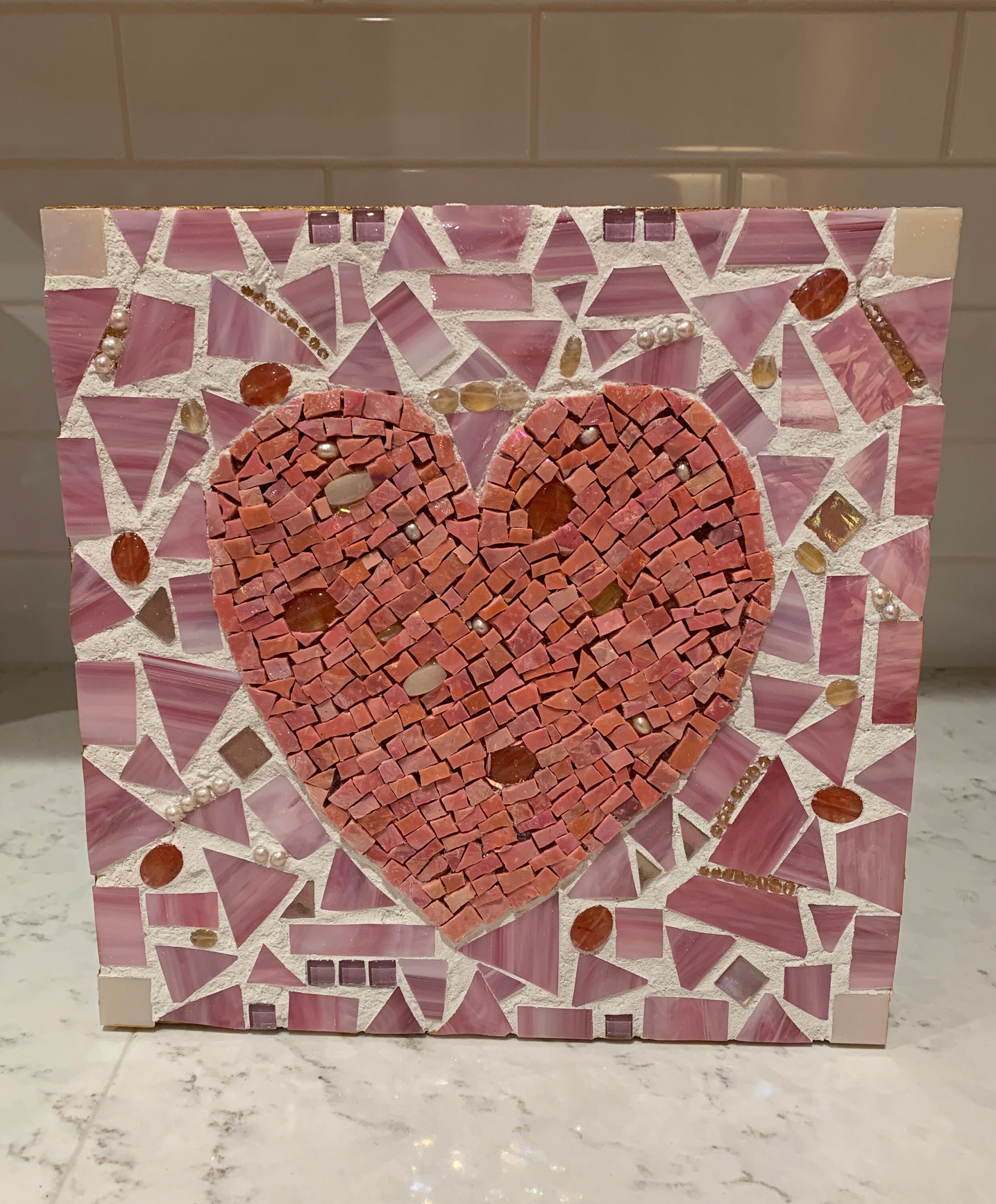 Stained Glass, Italian smalti, Rose Quartz, Amber, Pearls on wooden base.