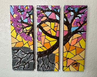 Cherry Blossom Radiance - Cherry Blossom Triptych Wall Art – Stained Glass Style Tree Painting – Textured Mixed Media Canvas