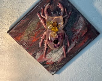 Resin Scarab Beetle Wall Art | 8” x 8” | 3D Mixed Media Canvas with Dried Flowers & Blueberries