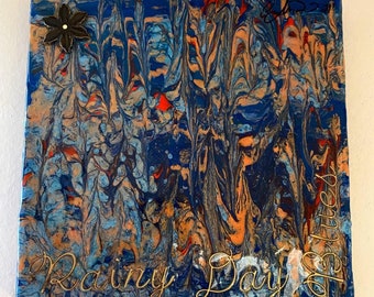 Rainy Day Blues – Mixed Media Canvas Art (8”x8”)