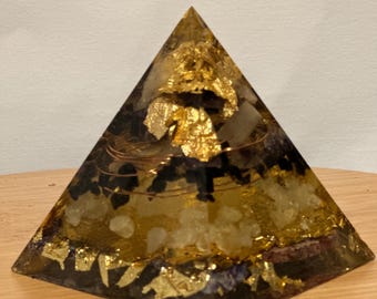 Handcrafted Orgone Pyramid with Crystals, Copper and Gold Leaf | Energy Cleanser Decorative Art