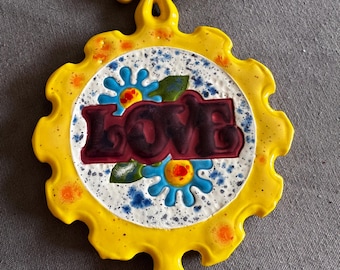 1960s-Inspired “Love” Ceramic Flower Power Wall Plaque – Hand-Painted, One of a Kind