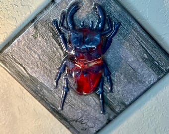 Dark Blue Resin Scarab Beetle Wall Art with Red Flowers | 3D Mixed Media Canvas | Insect-Inspired Nature Art | 8” x 8”