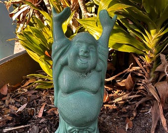 Happy Laughing Buddha Statue – Glazed Ceramic Figurine with Raised Arms – Indoor/Outdoor Feng Shui Décor