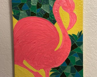 Golden Hour Flamingo - Textured Flamingo Canvas Painting – Tropical Mosaic Wall Art – Florida Coastal Decor – Original Pink Flamingo Artwork