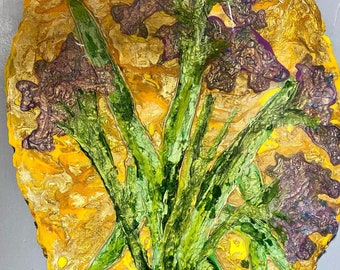 Irises Reimagined - Van Gogh Inspired Irises – Mixed Media Oil, Acrylic & Resin on Cedar Wood Slice Wall Art