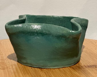 Handmade Decorative Ceramic Bowl | Matte Green with Gloss Interior | Wheel-Thrown & Folded Rim | Trinket or Keys Dish | 6.25” Wide