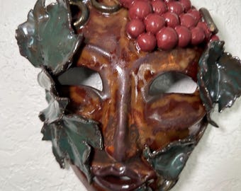 Keeper of the Harvest - Handmade Ceramic Bacchus / Green Man Mask – Vineyard Guardian Wall Sculpture