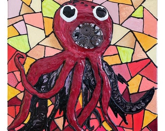 Gears of the Tidal Mind - Steampunk Octopus Canvas Painting – Textured Mosaic Ocean Art – Whimsical Coastal Wall Decor