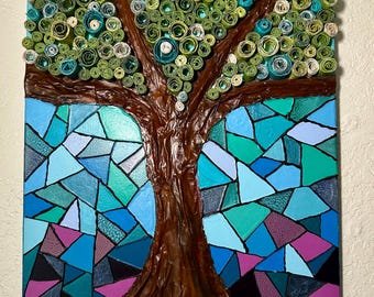 Emerald Canopy - Tree of Life Mixed Media Wall Art – Textured Paper Canopy Tree – Stained Glass Style Painting – Nature Inspired Canvas
