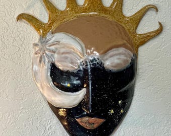 The Celestial Witness - Celestial Mask Wall Sculpture – Cosmic Star Being Ceramic Mask – Mythical Face Wall Art – Surreal Celestial Decor